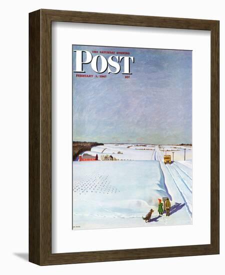 "Waiting for School Bus in Snow," Saturday Evening Post Cover, February 1, 1947-John Falter-Framed Giclee Print