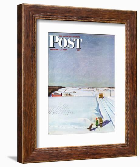 "Waiting for School Bus in Snow," Saturday Evening Post Cover, February 1, 1947-John Falter-Framed Giclee Print