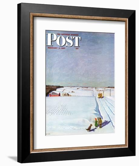 "Waiting for School Bus in Snow," Saturday Evening Post Cover, February 1, 1947-John Falter-Framed Giclee Print