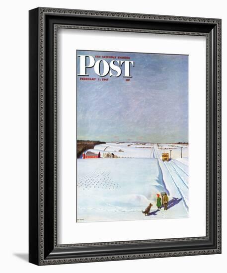 "Waiting for School Bus in Snow," Saturday Evening Post Cover, February 1, 1947-John Falter-Framed Giclee Print