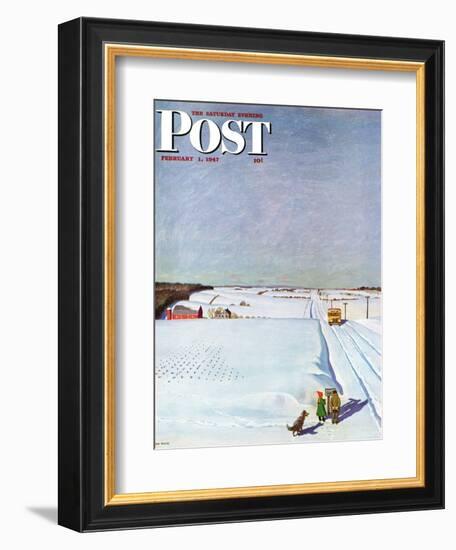 "Waiting for School Bus in Snow," Saturday Evening Post Cover, February 1, 1947-John Falter-Framed Giclee Print