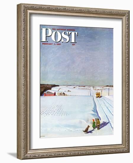 "Waiting for School Bus in Snow," Saturday Evening Post Cover, February 1, 1947-John Falter-Framed Giclee Print