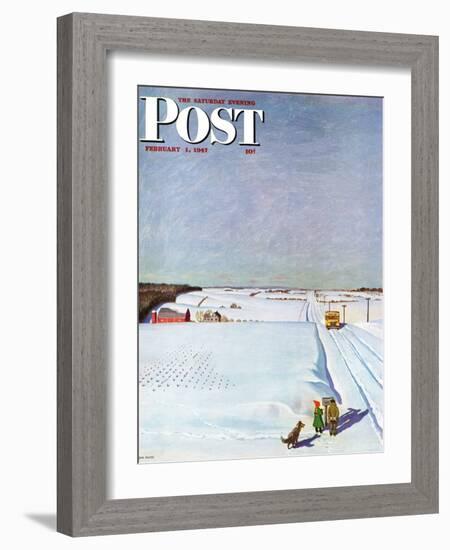 "Waiting for School Bus in Snow," Saturday Evening Post Cover, February 1, 1947-John Falter-Framed Giclee Print