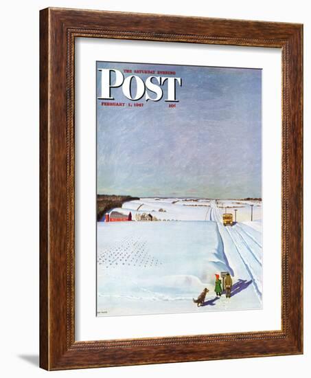 "Waiting for School Bus in Snow," Saturday Evening Post Cover, February 1, 1947-John Falter-Framed Giclee Print