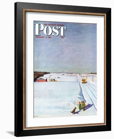 "Waiting for School Bus in Snow," Saturday Evening Post Cover, February 1, 1947-John Falter-Framed Giclee Print