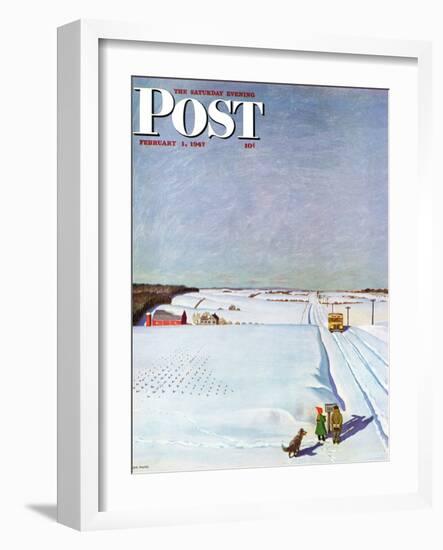 "Waiting for School Bus in Snow," Saturday Evening Post Cover, February 1, 1947-John Falter-Framed Giclee Print