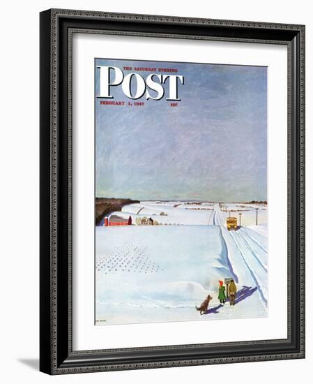 "Waiting for School Bus in Snow," Saturday Evening Post Cover, February 1, 1947-John Falter-Framed Giclee Print