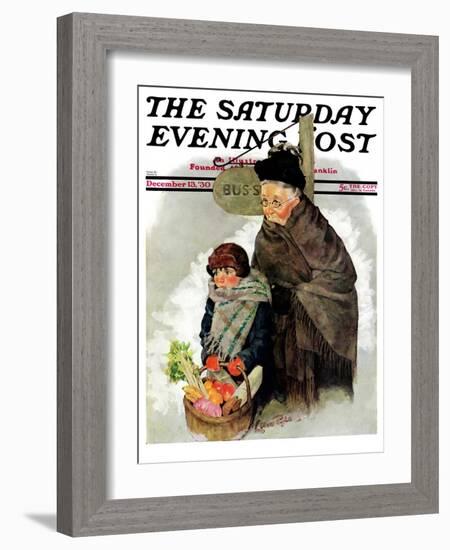 "Waiting for the Bus," Saturday Evening Post Cover, December 13, 1930-Ellen Pyle-Framed Giclee Print