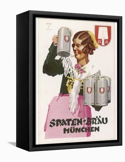 Waitress Brings Four Seidels of Frothy Spaten-Brau-Ludwig Hohlwein-Framed Premier Image Canvas