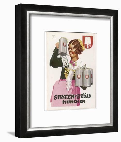 Waitress Brings Four Seidels of Frothy Spaten-Brau-Ludwig Hohlwein-Framed Photographic Print