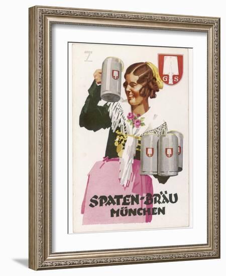 Waitress Brings Four Seidels of Frothy Spaten-Brau-Ludwig Hohlwein-Framed Photographic Print