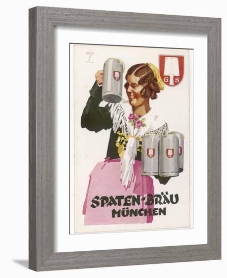 Waitress Brings Four Seidels of Frothy Spaten-Brau-Ludwig Hohlwein-Framed Photographic Print