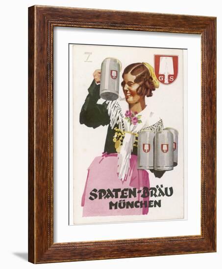 Waitress Brings Four Seidels of Frothy Spaten-Brau-Ludwig Hohlwein-Framed Photographic Print