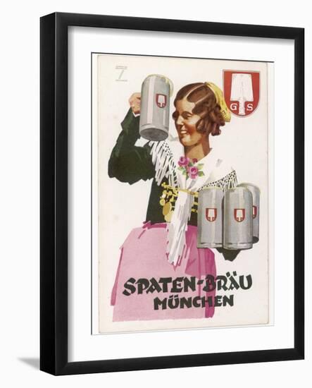 Waitress Brings Four Seidels of Frothy Spaten-Brau-Ludwig Hohlwein-Framed Photographic Print