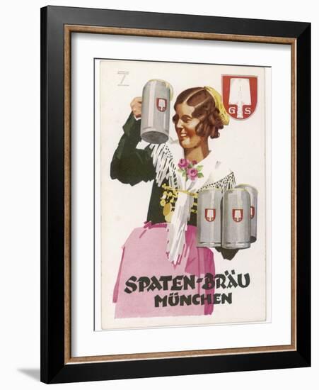 Waitress Brings Four Seidels of Frothy Spaten-Brau-Ludwig Hohlwein-Framed Photographic Print