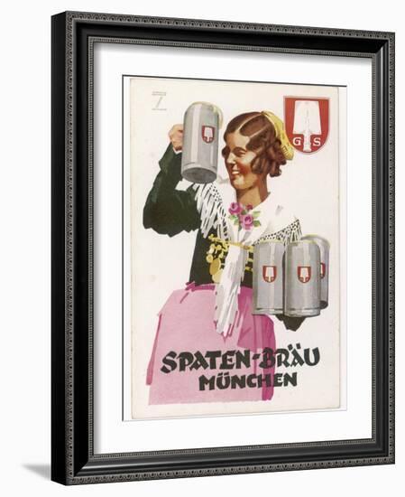 Waitress Brings Four Seidels of Frothy Spaten-Brau-Ludwig Hohlwein-Framed Photographic Print