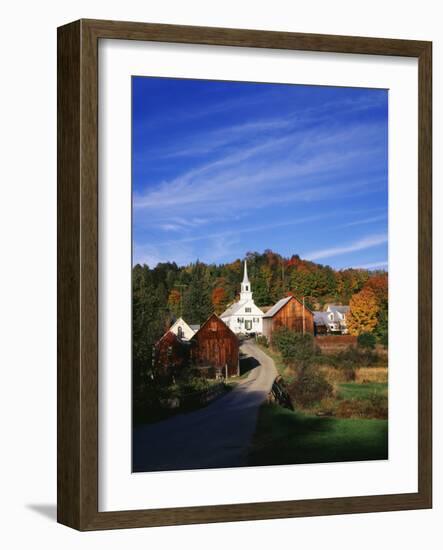 Waits River, View of Church and Barn in Autumn, Northeast Kingdom, Vermont, USA-Walter Bibikow-Framed Photographic Print