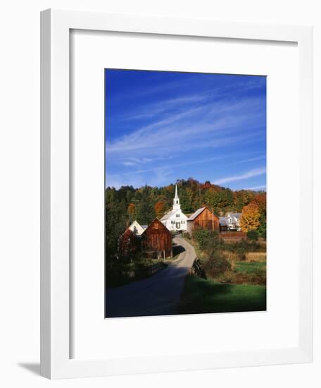 Waits River, View of Church and Barn in Autumn, Northeast Kingdom, Vermont, USA-Walter Bibikow-Framed Photographic Print