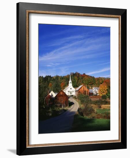 Waits River, View of Church and Barn in Autumn, Northeast Kingdom, Vermont, USA-Walter Bibikow-Framed Photographic Print