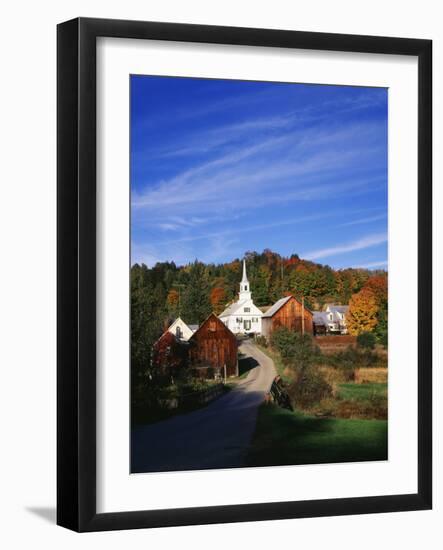 Waits River, View of Church and Barn in Autumn, Northeast Kingdom, Vermont, USA-Walter Bibikow-Framed Photographic Print