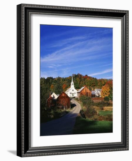 Waits River, View of Church and Barn in Autumn, Northeast Kingdom, Vermont, USA-Walter Bibikow-Framed Photographic Print