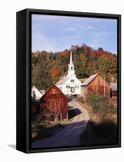 Waits River, View of Church and Barn in Autumn, Northeast Kingdom, Vermont, USA-Walter Bibikow-Framed Premier Image Canvas