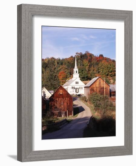 Waits River, View of Church and Barn in Autumn, Northeast Kingdom, Vermont, USA-Walter Bibikow-Framed Photographic Print