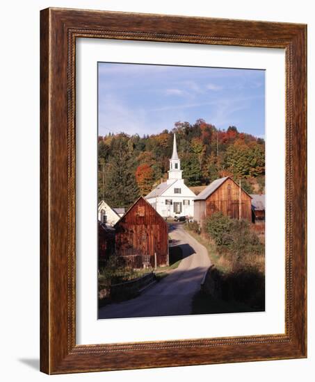 Waits River, View of Church and Barn in Autumn, Northeast Kingdom, Vermont, USA-Walter Bibikow-Framed Photographic Print