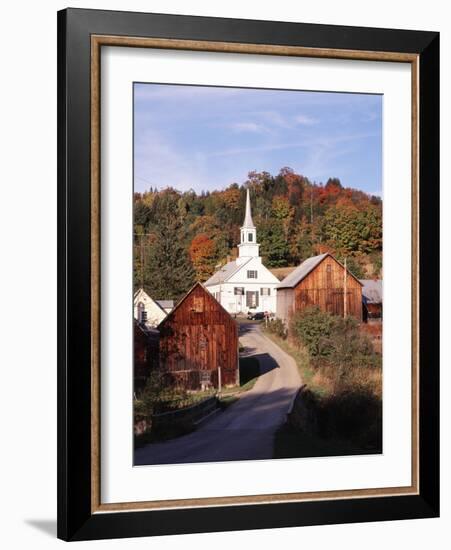 Waits River, View of Church and Barn in Autumn, Northeast Kingdom, Vermont, USA-Walter Bibikow-Framed Photographic Print