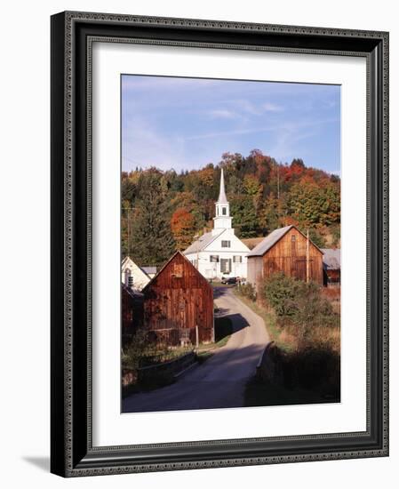 Waits River, View of Church and Barn in Autumn, Northeast Kingdom, Vermont, USA-Walter Bibikow-Framed Photographic Print