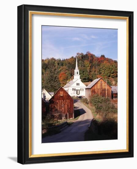 Waits River, View of Church and Barn in Autumn, Northeast Kingdom, Vermont, USA-Walter Bibikow-Framed Photographic Print