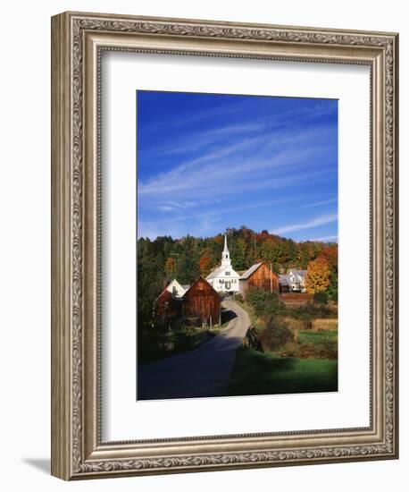 Waits River, View of Church and Barn in Autumn, Northeast Kingdom, Vermont, USA-Walter Bibikow-Framed Photographic Print