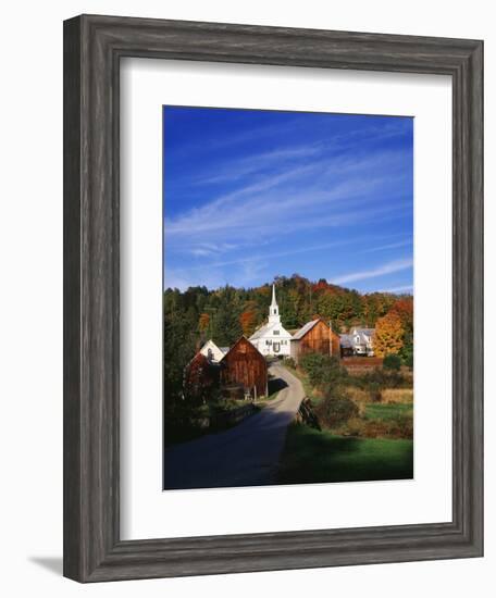 Waits River, View of Church and Barn in Autumn, Northeast Kingdom, Vermont, USA-Walter Bibikow-Framed Photographic Print