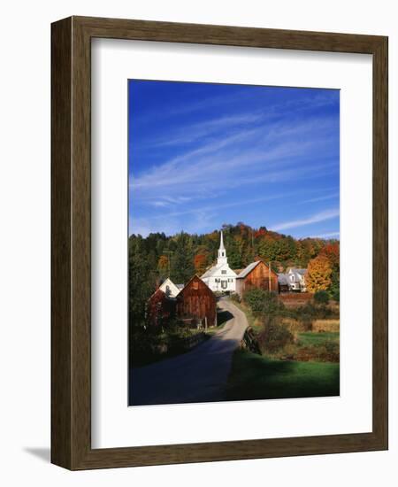 Waits River, View of Church and Barn in Autumn, Northeast Kingdom, Vermont, USA-Walter Bibikow-Framed Photographic Print