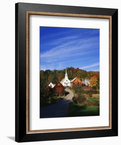 Waits River, View of Church and Barn in Autumn, Northeast Kingdom, Vermont, USA-Walter Bibikow-Framed Photographic Print