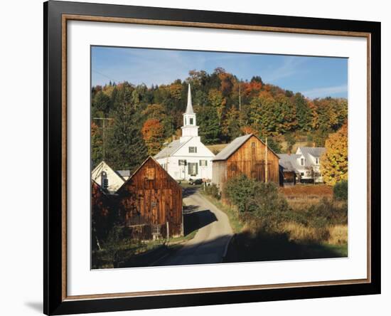 Waits River, View of Church and Barn, Northeast Kingdom, Vermont, USA-Walter Bibikow-Framed Photographic Print