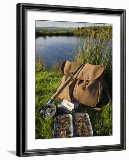 Wales, Conwy, A Trout Rod and Fly Fishing Equipment Beside a Hill Lake in North Wales, UK-John Warburton-lee-Framed Photographic Print