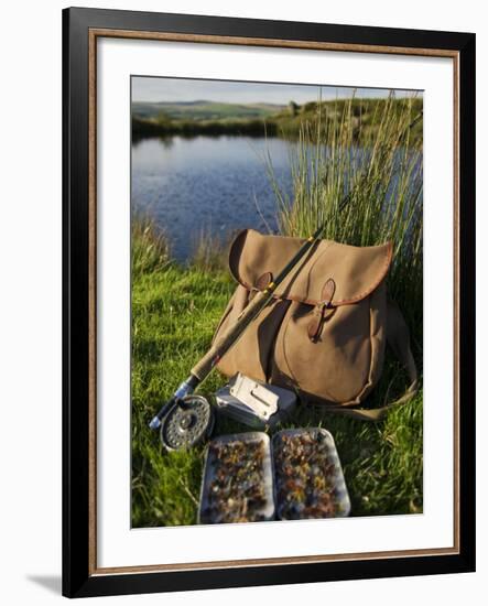 Wales, Conwy, A Trout Rod and Fly Fishing Equipment Beside a Hill Lake in North Wales, UK-John Warburton-lee-Framed Photographic Print