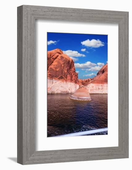 Walk on the Tourist Boat. Red Sandstone Hills Surround the Lake. Lake Powell on the Colorado River-kavram-Framed Photographic Print