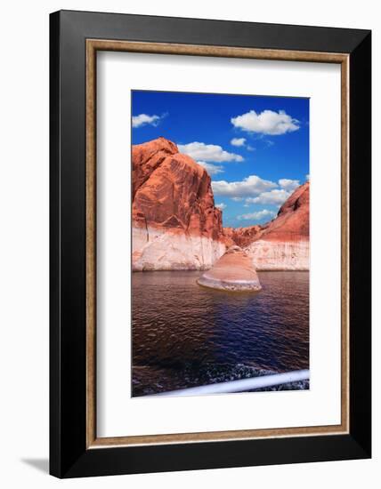 Walk on the Tourist Boat. Red Sandstone Hills Surround the Lake. Lake Powell on the Colorado River-kavram-Framed Photographic Print