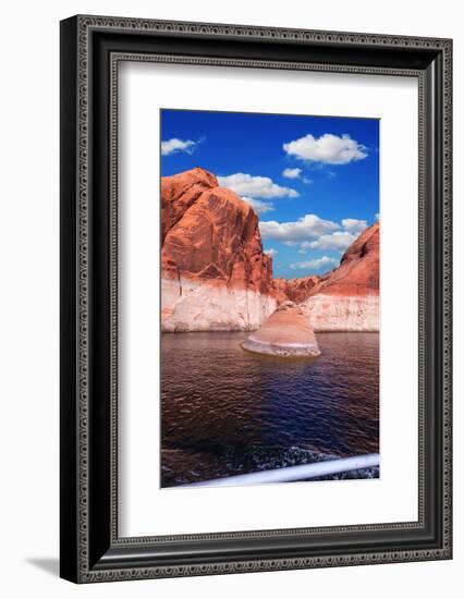 Walk on the Tourist Boat. Red Sandstone Hills Surround the Lake. Lake Powell on the Colorado River-kavram-Framed Photographic Print