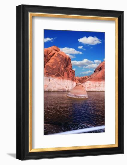 Walk on the Tourist Boat. Red Sandstone Hills Surround the Lake. Lake Powell on the Colorado River-kavram-Framed Photographic Print