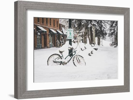 "Walk Only" Snowy Bike Downtown Aspen, Colorado-Louis Arevalo-Framed Photographic Print