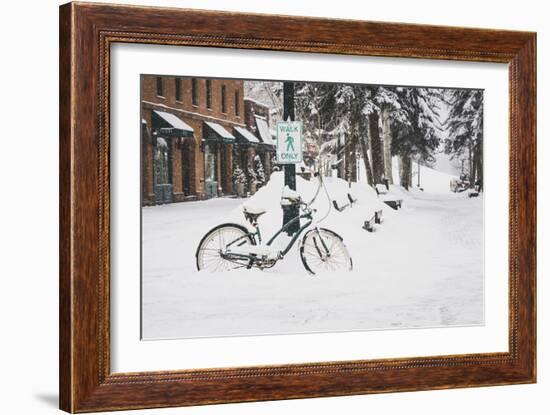 "Walk Only" Snowy Bike Downtown Aspen, Colorado-Louis Arevalo-Framed Photographic Print