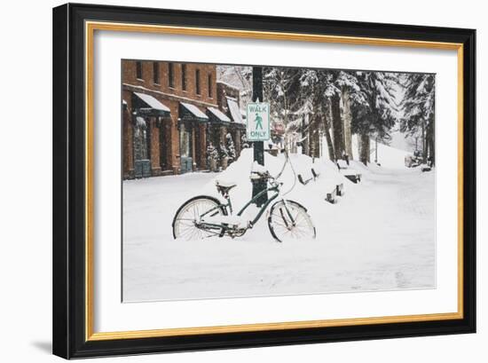 "Walk Only" Snowy Bike Downtown Aspen, Colorado-Louis Arevalo-Framed Photographic Print