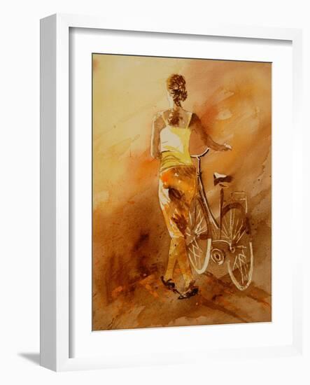 Walking Aside Her Bike Watercolor-Pol Ledent-Framed Premium Giclee Print