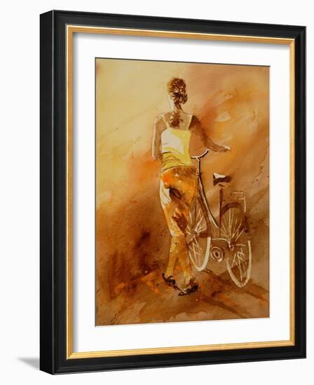 Walking Aside Her Bike Watercolor-Pol Ledent-Framed Premium Giclee Print