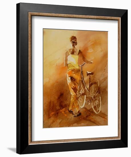 Walking Aside Her Bike Watercolor-Pol Ledent-Framed Art Print