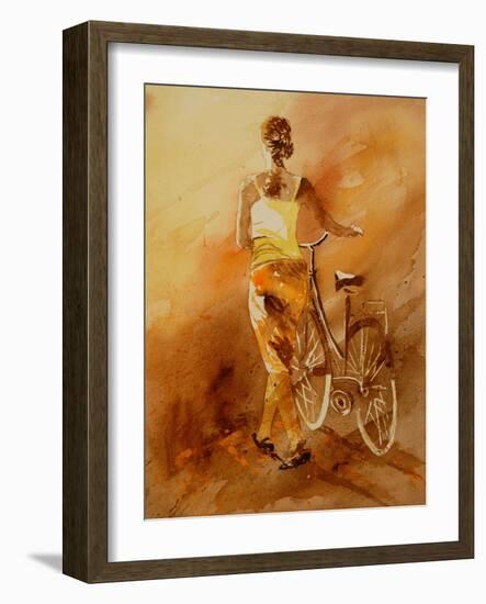 Walking Aside Her Bike Watercolor-Pol Ledent-Framed Art Print