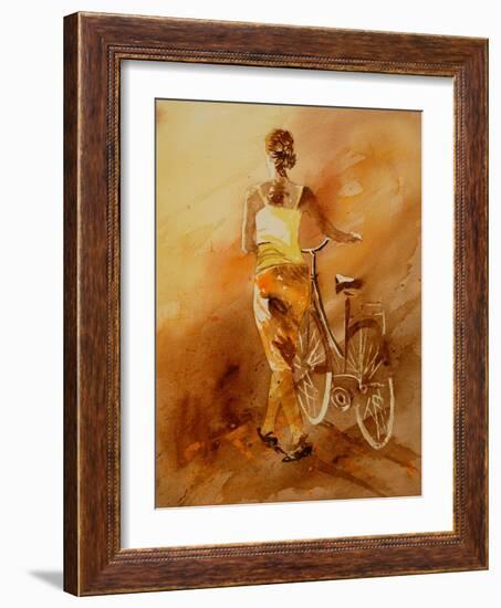 Walking Aside Her Bike Watercolor-Pol Ledent-Framed Art Print